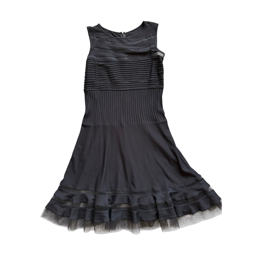 Elegant Tadashi Shoji Black Pleated Mesh Trim Fit Flare Dress Size L 6L799M